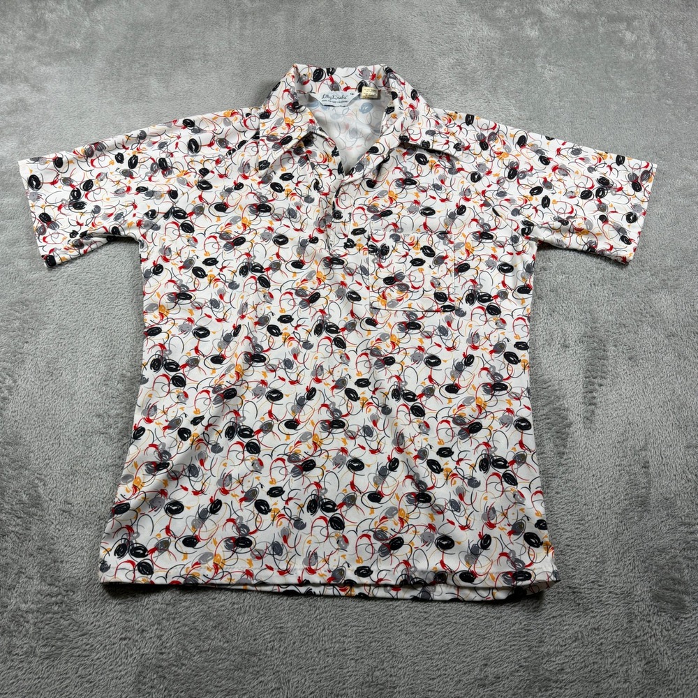 Vintage Lilly Dache Polo Shirt Mens Medium White Abstract Swirl 70s Short Sleeve